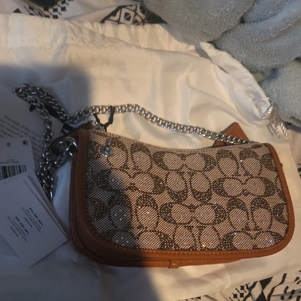Coach Beige & Brown Signature Crossbody with Chain Strap Coach